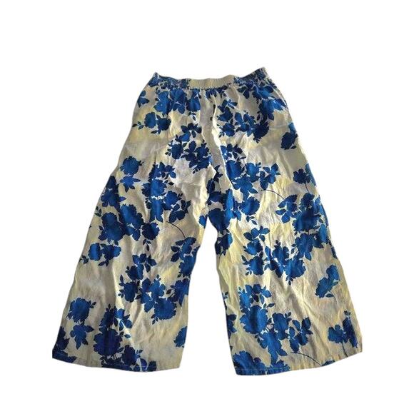 Cynthia Rowley Floral Linen Flat Front Pull On Wide Leg Cropped Pants blue - Picture 4 of 5